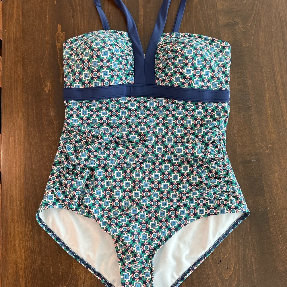 Boden Blue and White One Piece Swimsuit with Geometric Pattern NWT